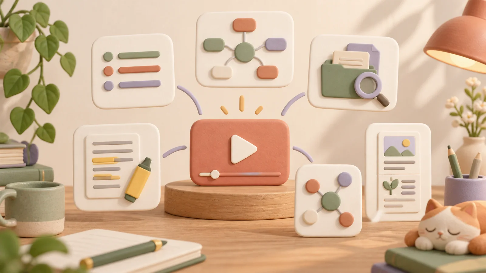 A coral video player surrounded by six cream cards representing summaries, mind maps, research, highlights, connected ideas, and visual notes