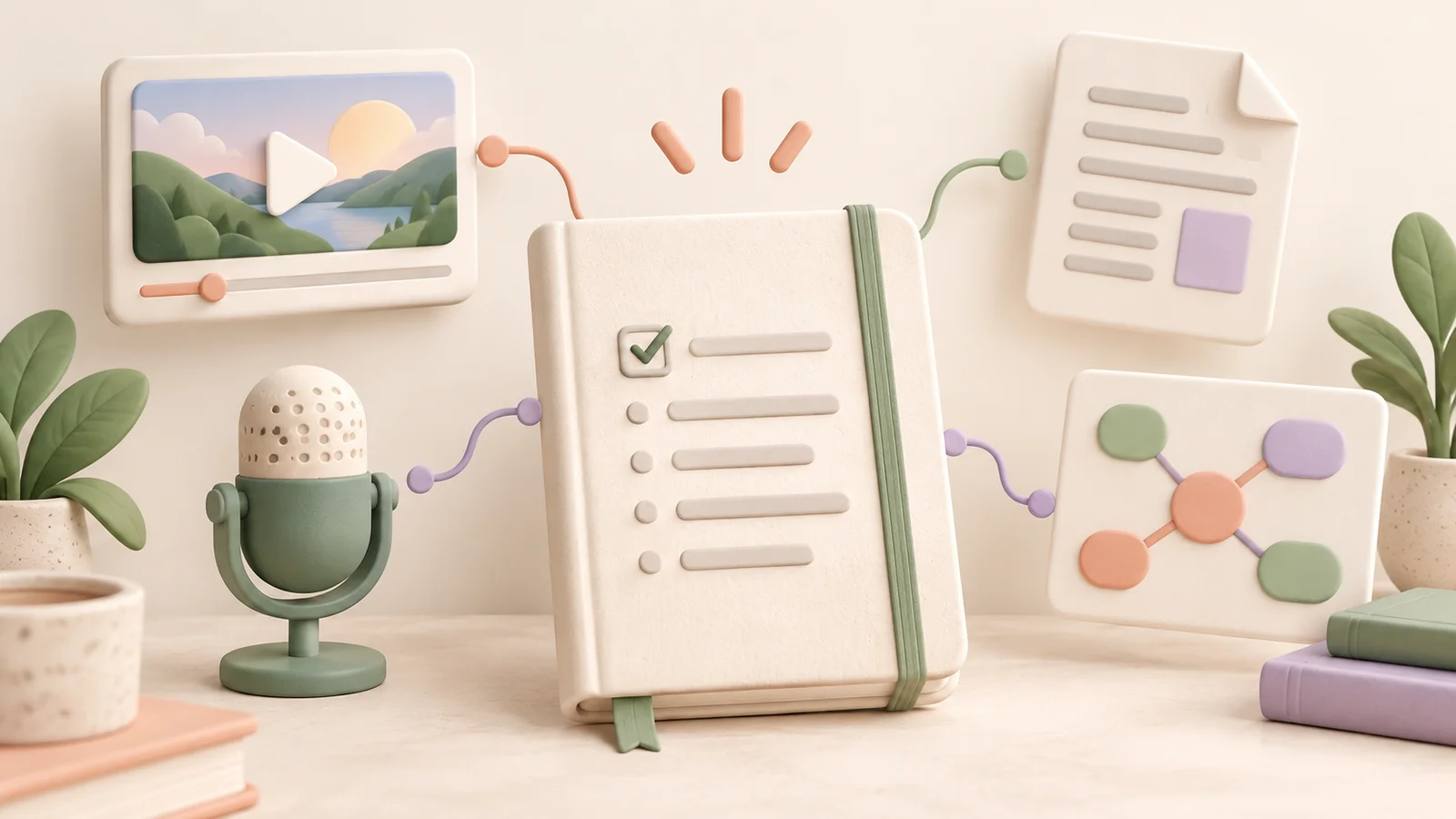 A cream notebook surrounded by a video player, podcast microphone, document, and mind map
