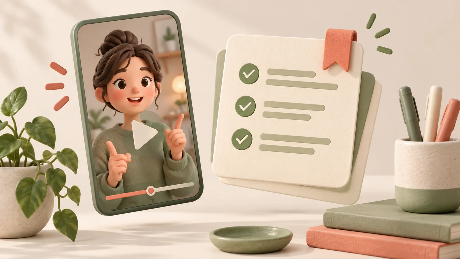 A sage green portrait video player next to a cream checklist and bookmark