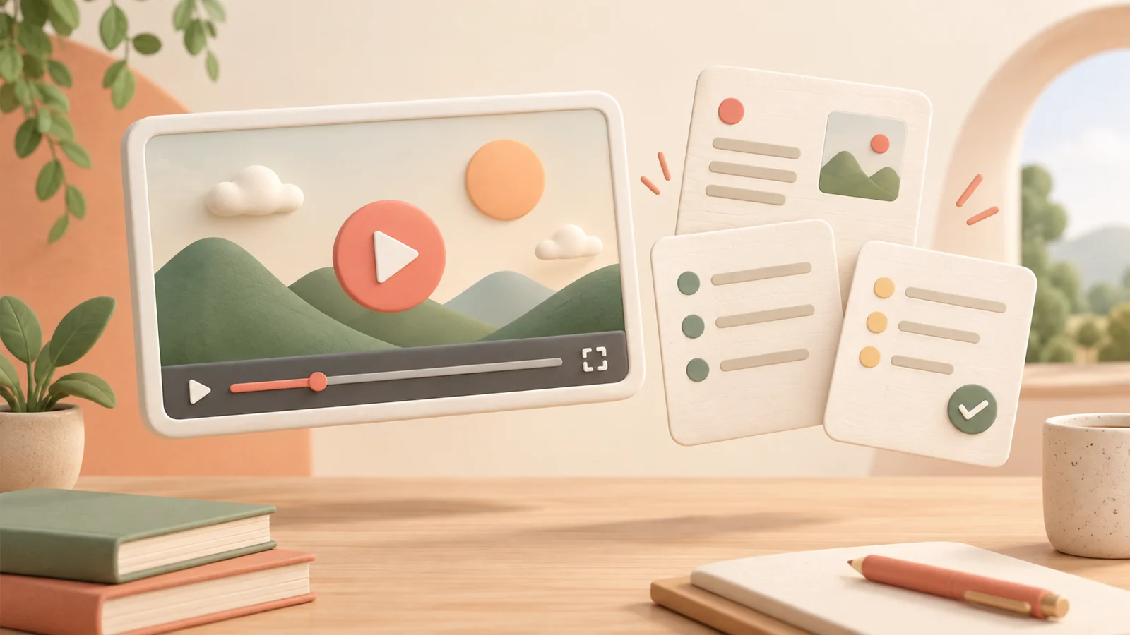 A soft coral video player beside neatly organized note cards