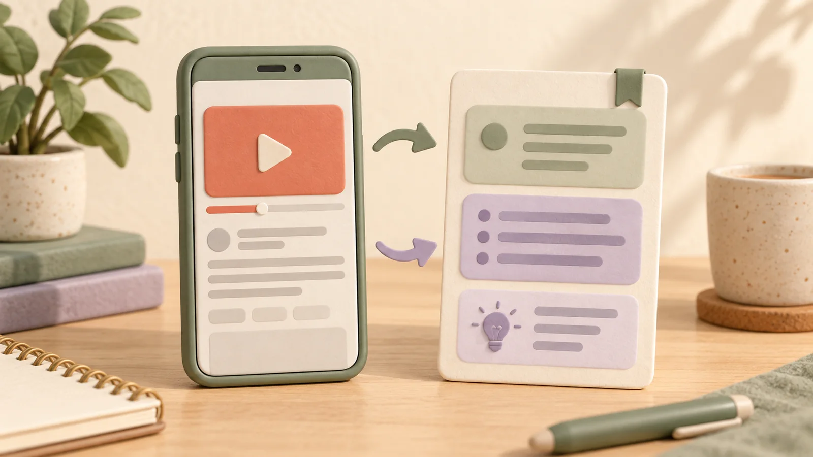 A sage smartphone displaying a coral video tile beside a tall cream visual note and a small bookmark