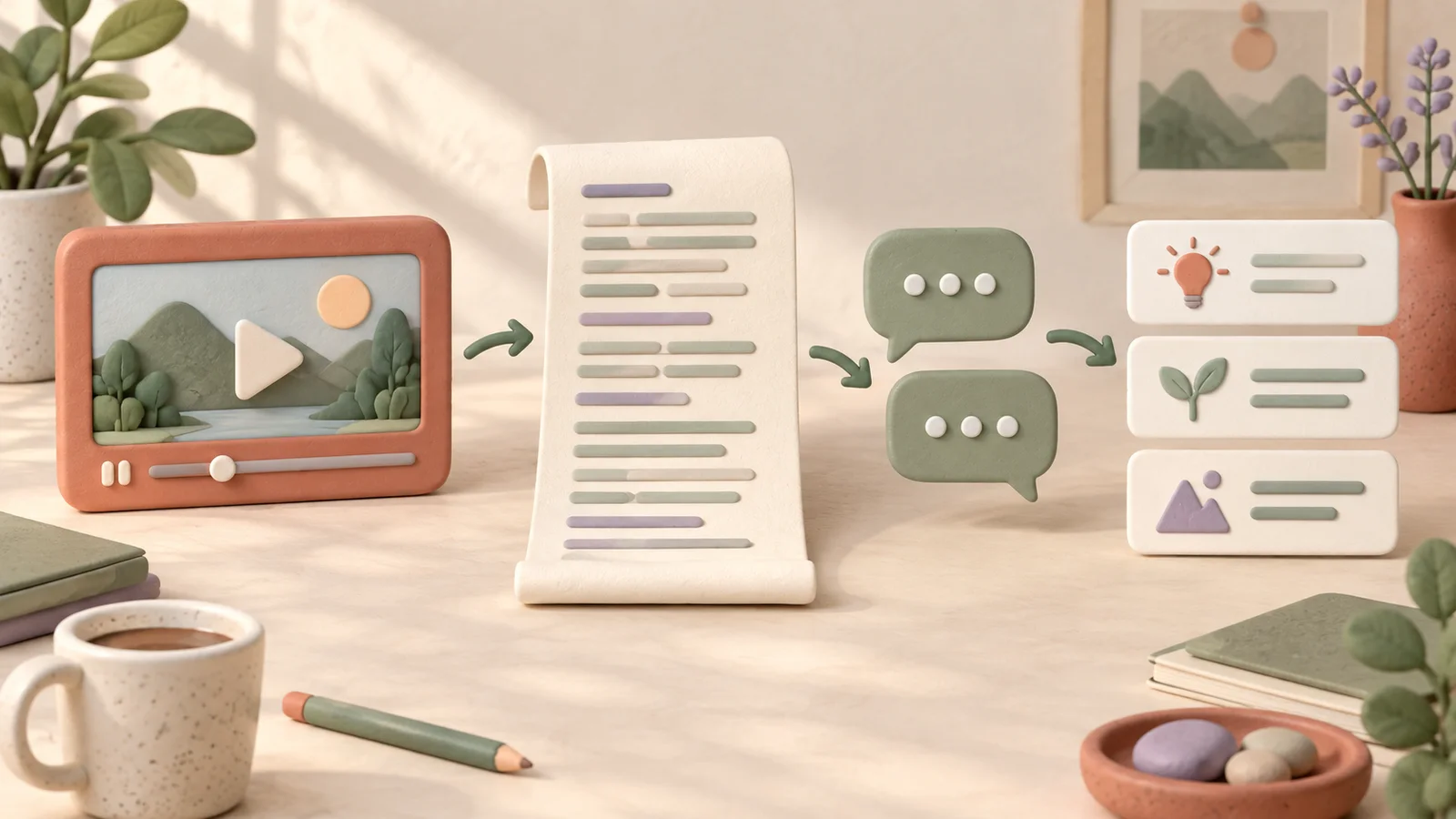 A coral video player beside a long transcript sheet flowing into sage conversation bubbles and concise note cards