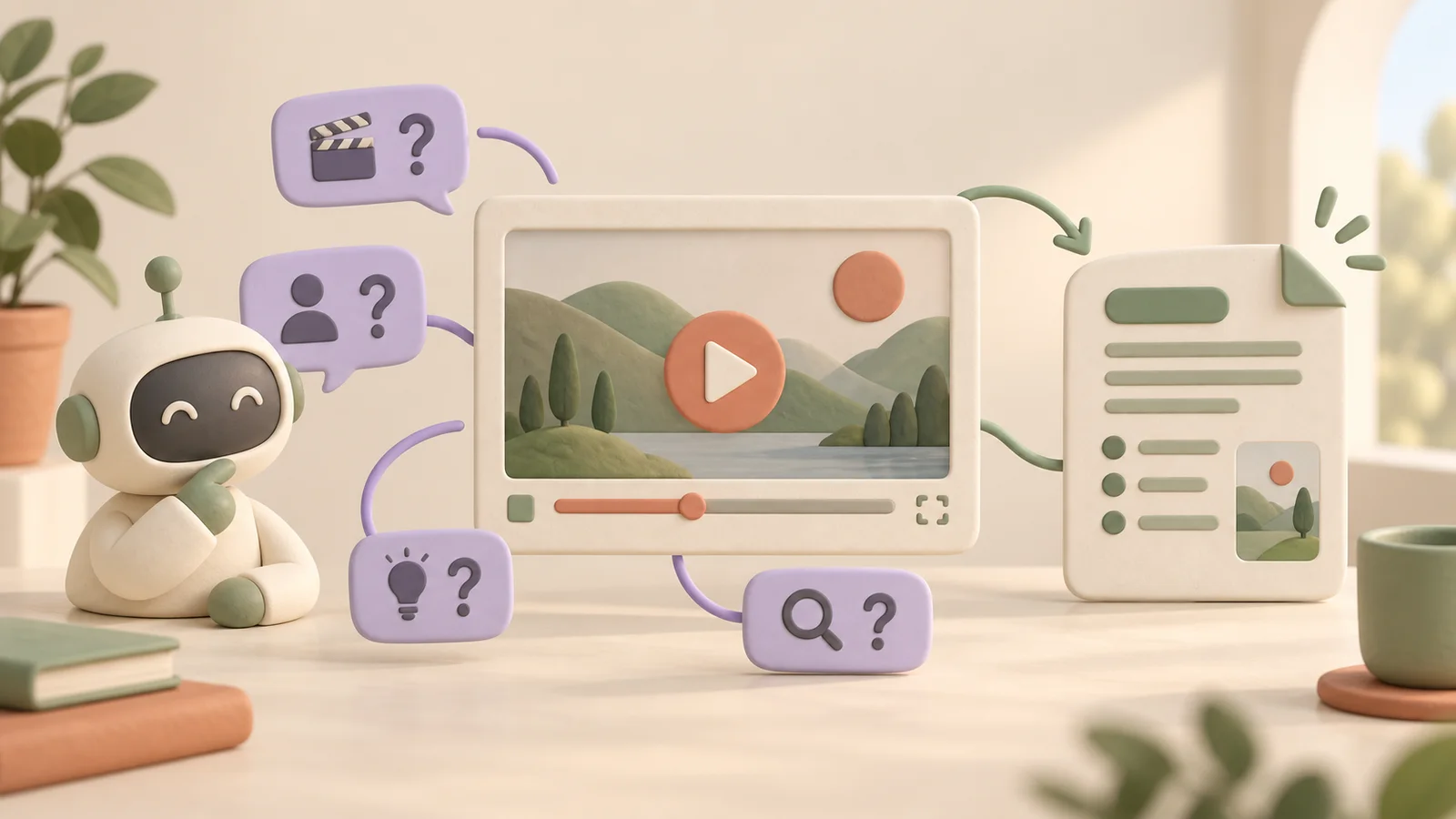 A cream video screen surrounded by lavender question cards and a sage summary document on a softly lit desk