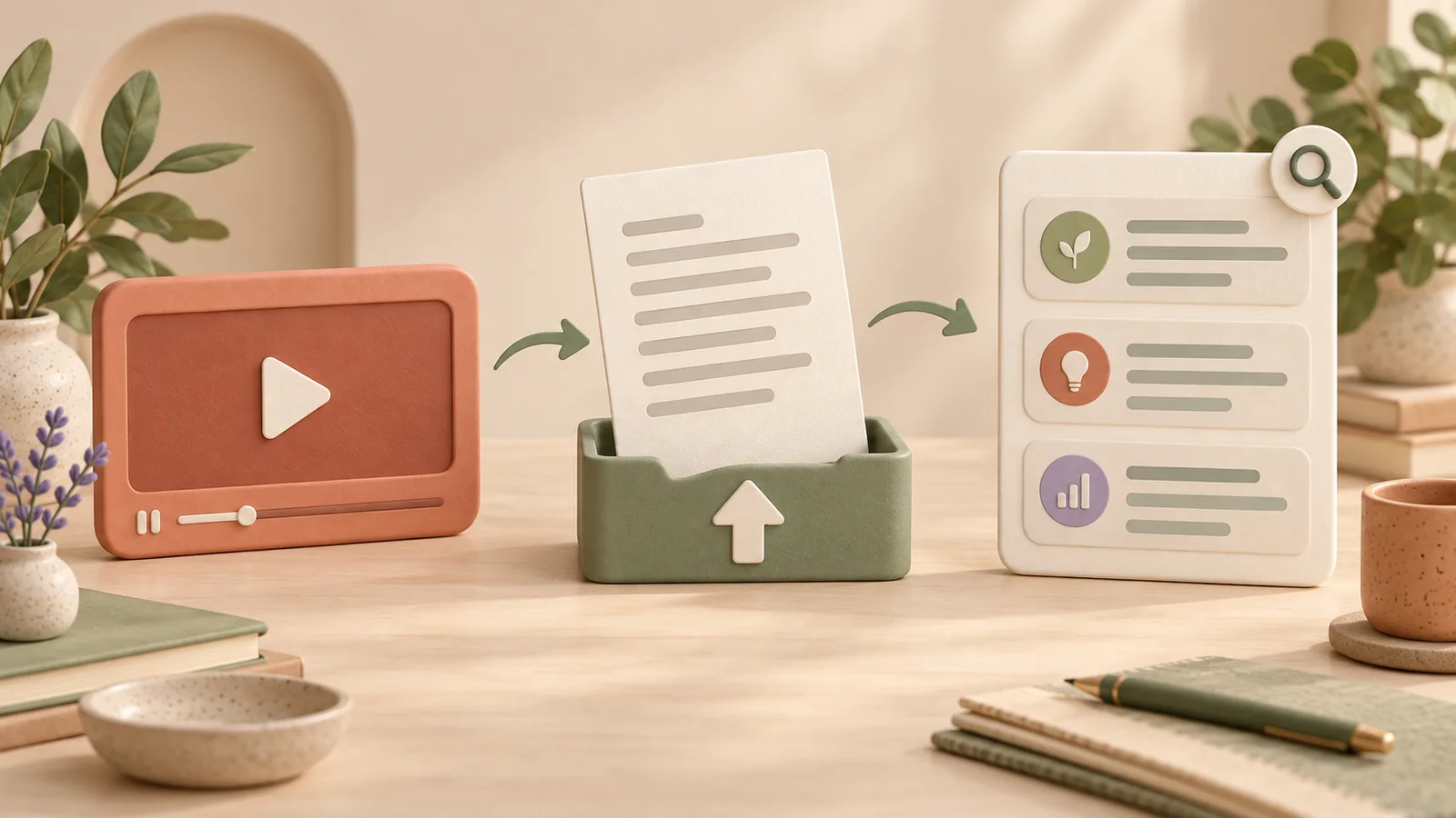 A cream transcript document moving through an upload tray into a sage summary card beside a small coral video player