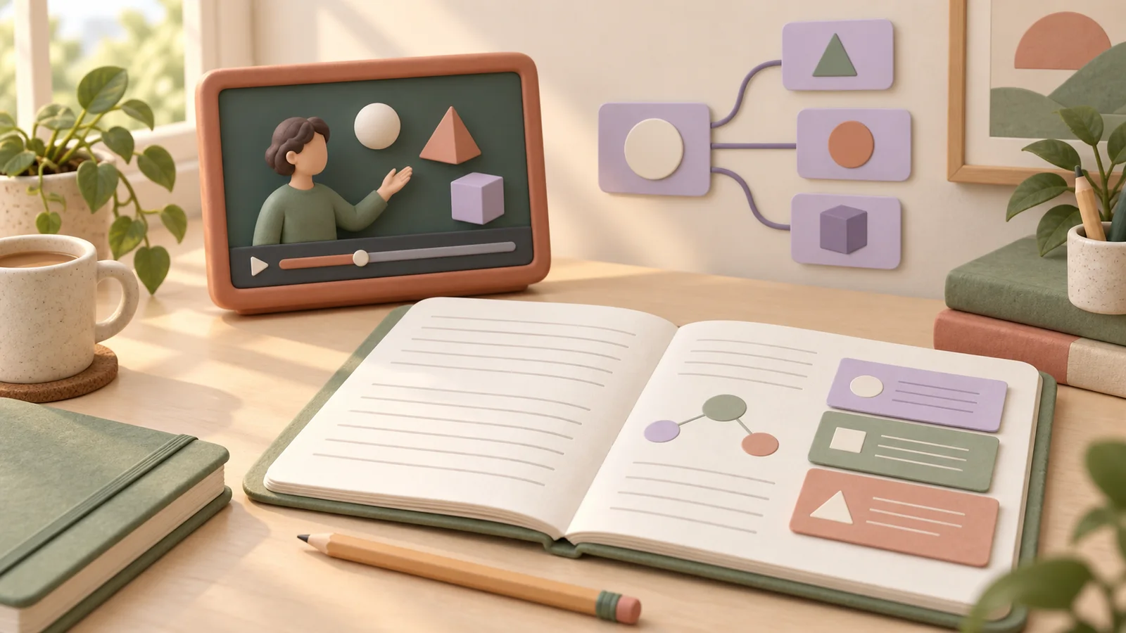 A small lecture screen beside an open study notebook, branching concept cards, and a pencil on a cream desk