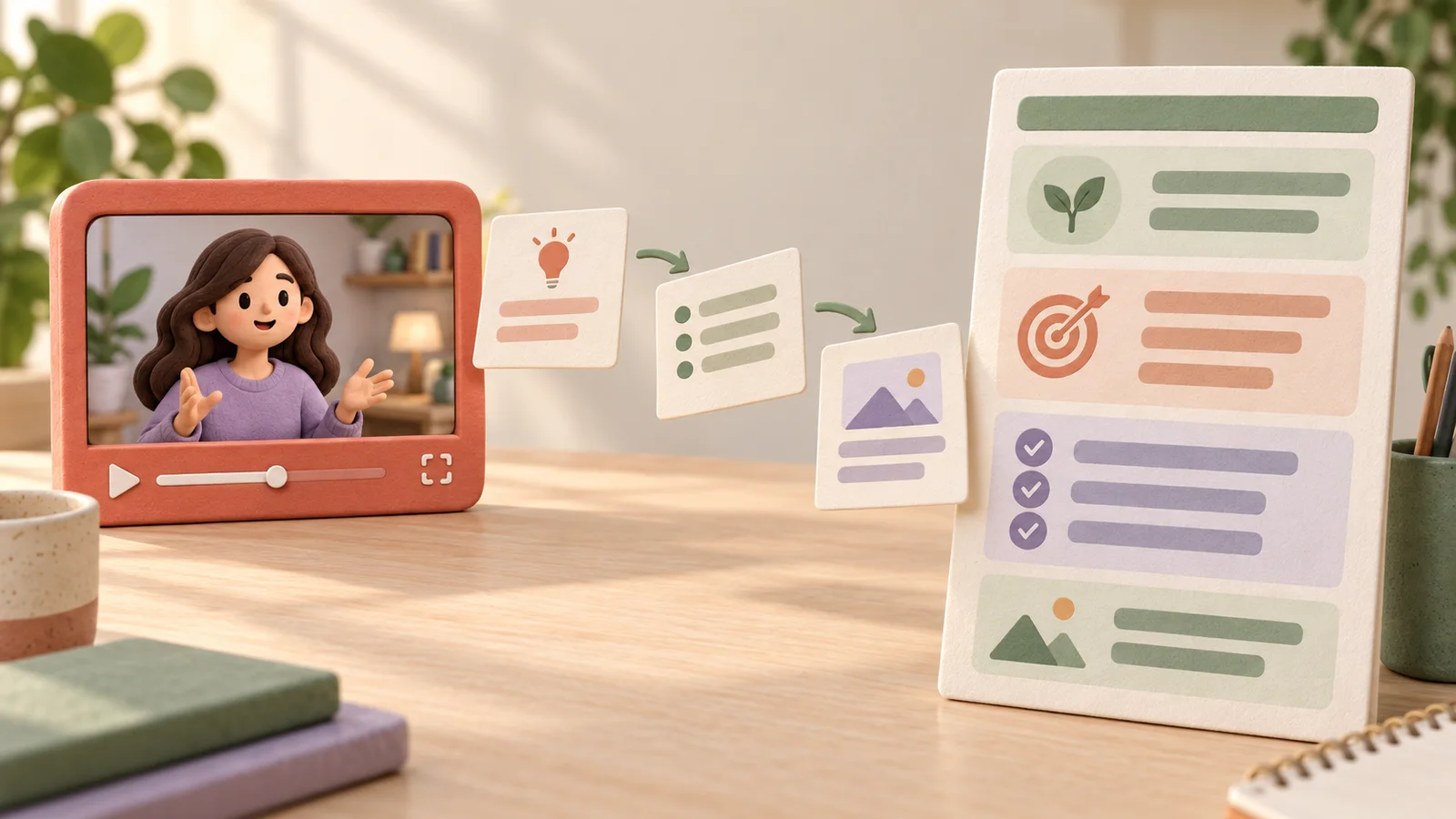 A clay video player and three small idea cards leading to a tall cream infographic with colorful sections