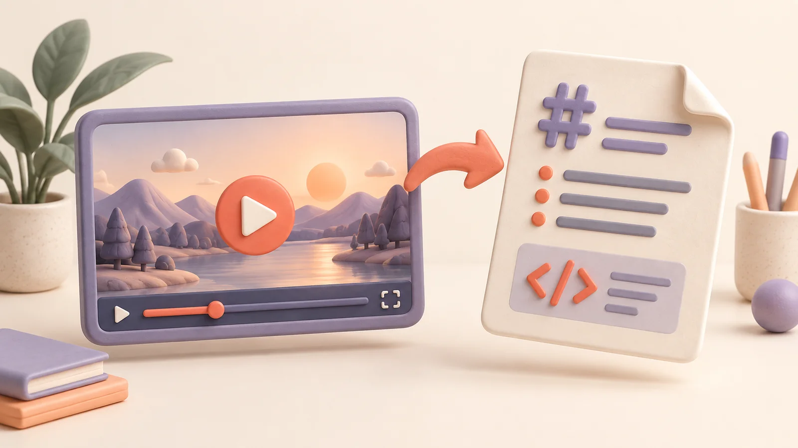 A lavender video player turning into a document with headings and code symbols